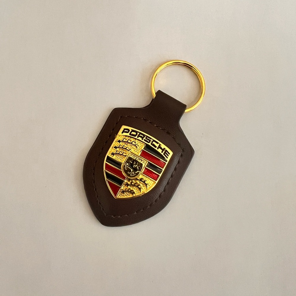 Dark Brown PORSCHE STUTTGART HOTROD  Leather Crest KeyRing Key Chain